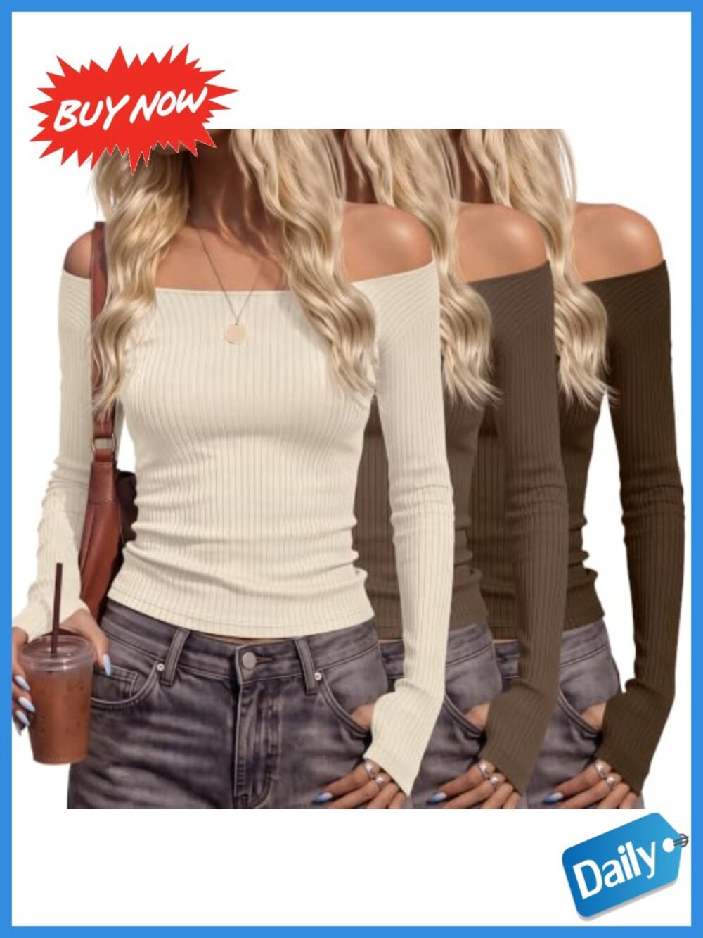 Off Shoulder Long Sleeve 3 Pack Tops Ribbed Knit Y2K